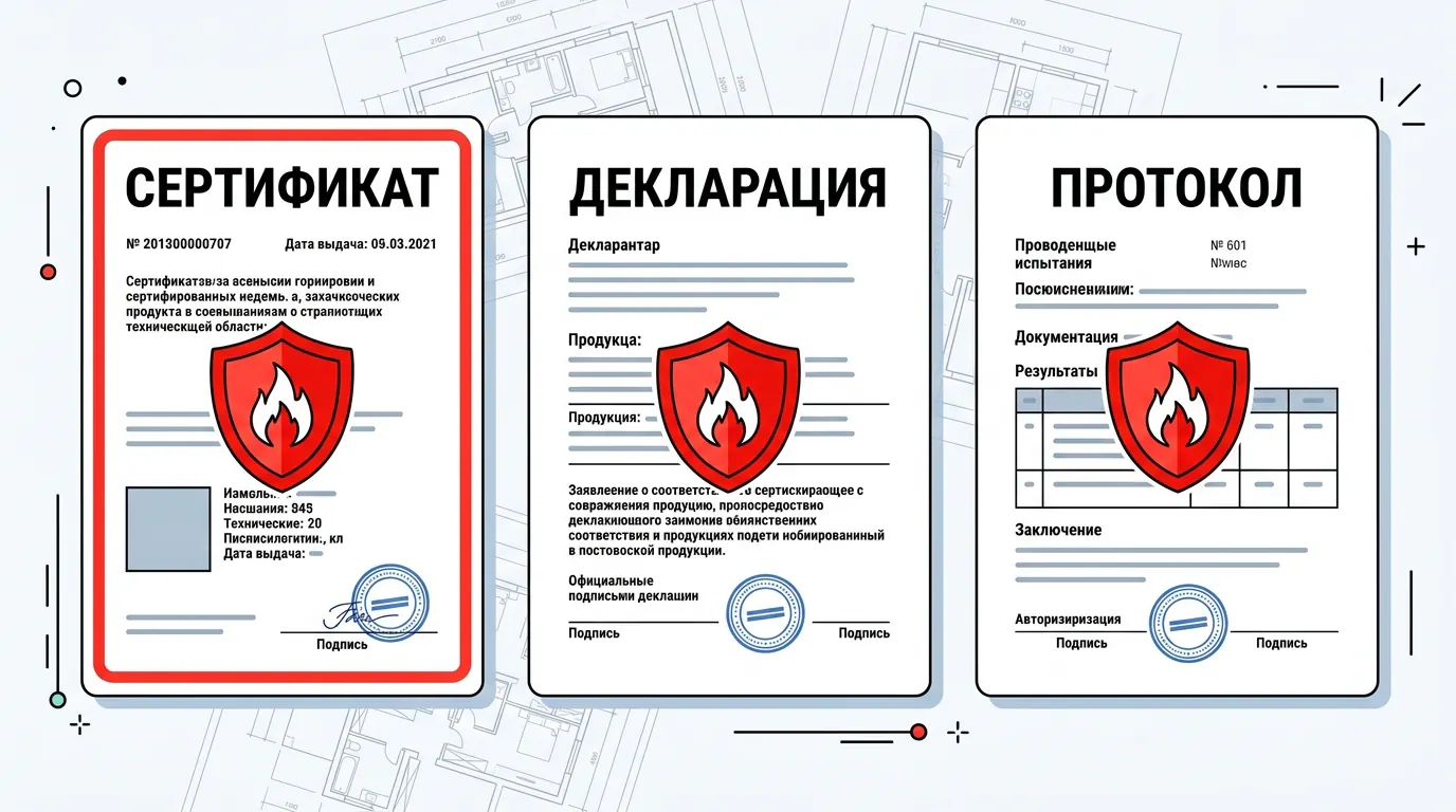 Векторная иллюстрация пожарного сертификата, декларации и протокола