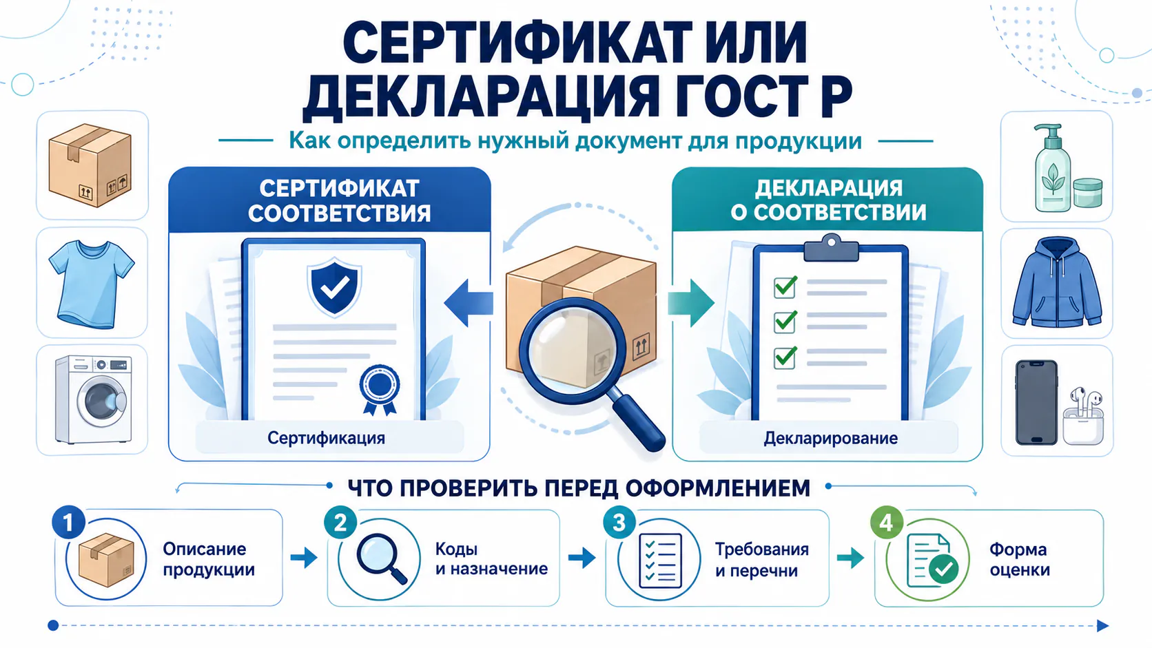 Сертификат и декларация ГОСТ Р: иллюстрация документов и этапов проверки продукции перед оформлением