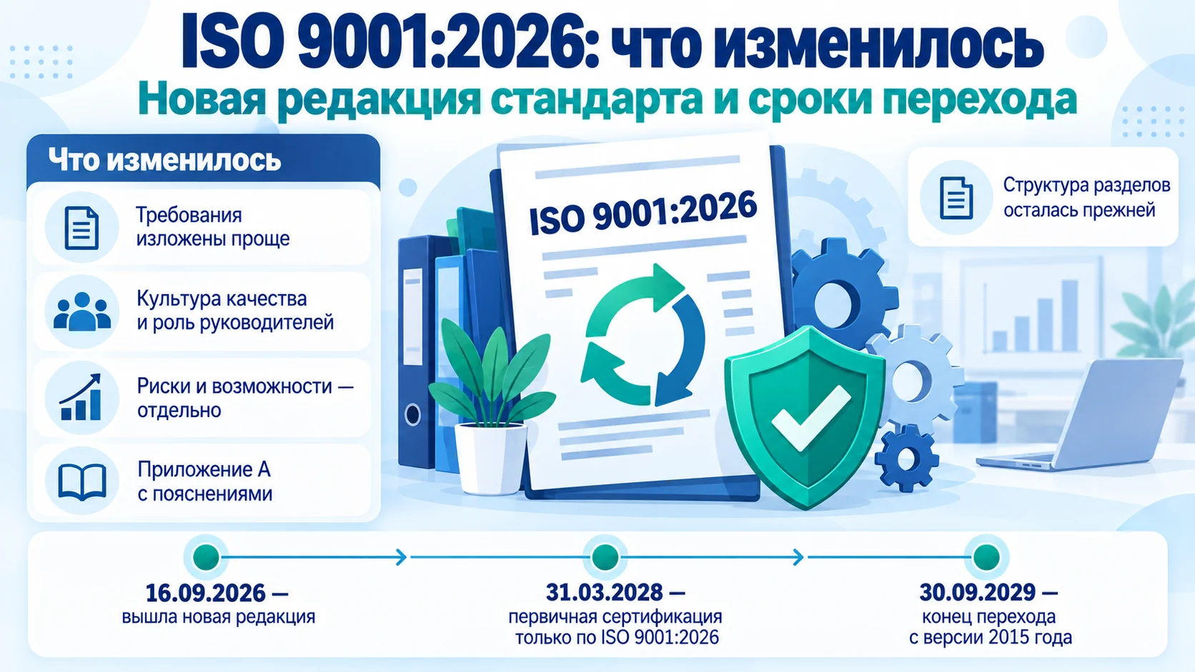 Инфографика об ISO 9001:2026: что изменилось в новой редакции стандарта и сроки перехода — 16.09.2026, 31.03.2028 и 30.09.2029