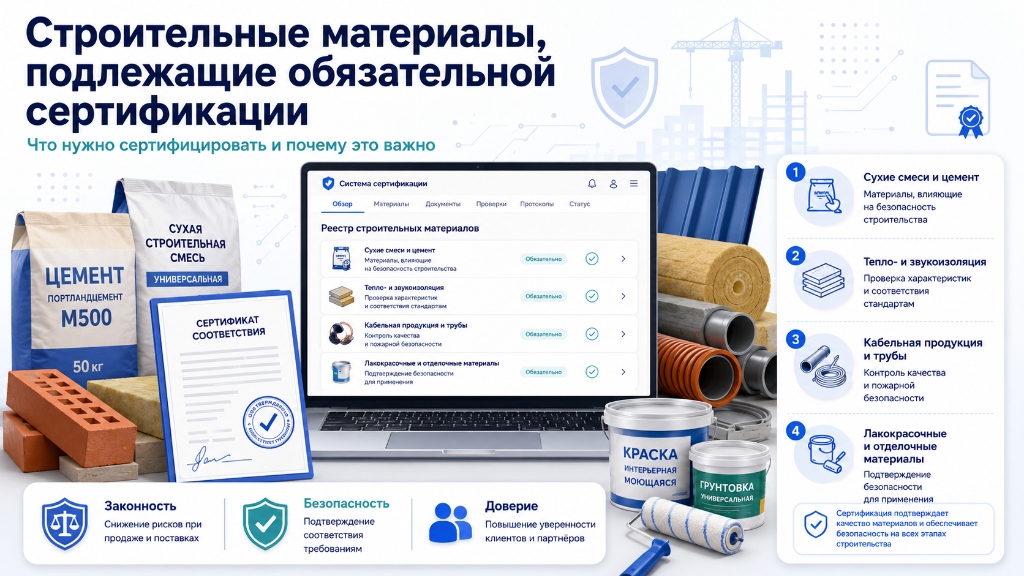 Иллюстрация сертификации строительных и отделочных материалов: сухие смеси, цемент, теплоизоляция, трубы и лакокрасочная продукция