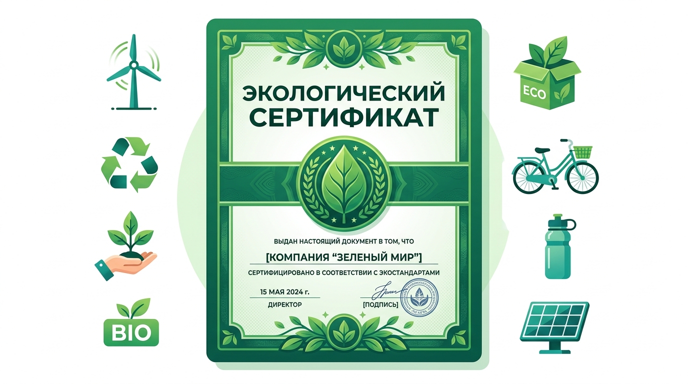 Векторная иллюстрация экологического сертификата с зелеными иконками
