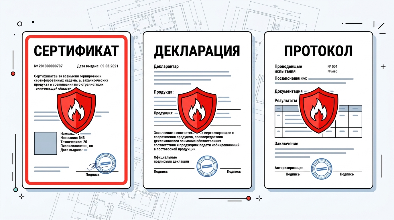 Векторная иллюстрация пожарного сертификата, декларации и протокола