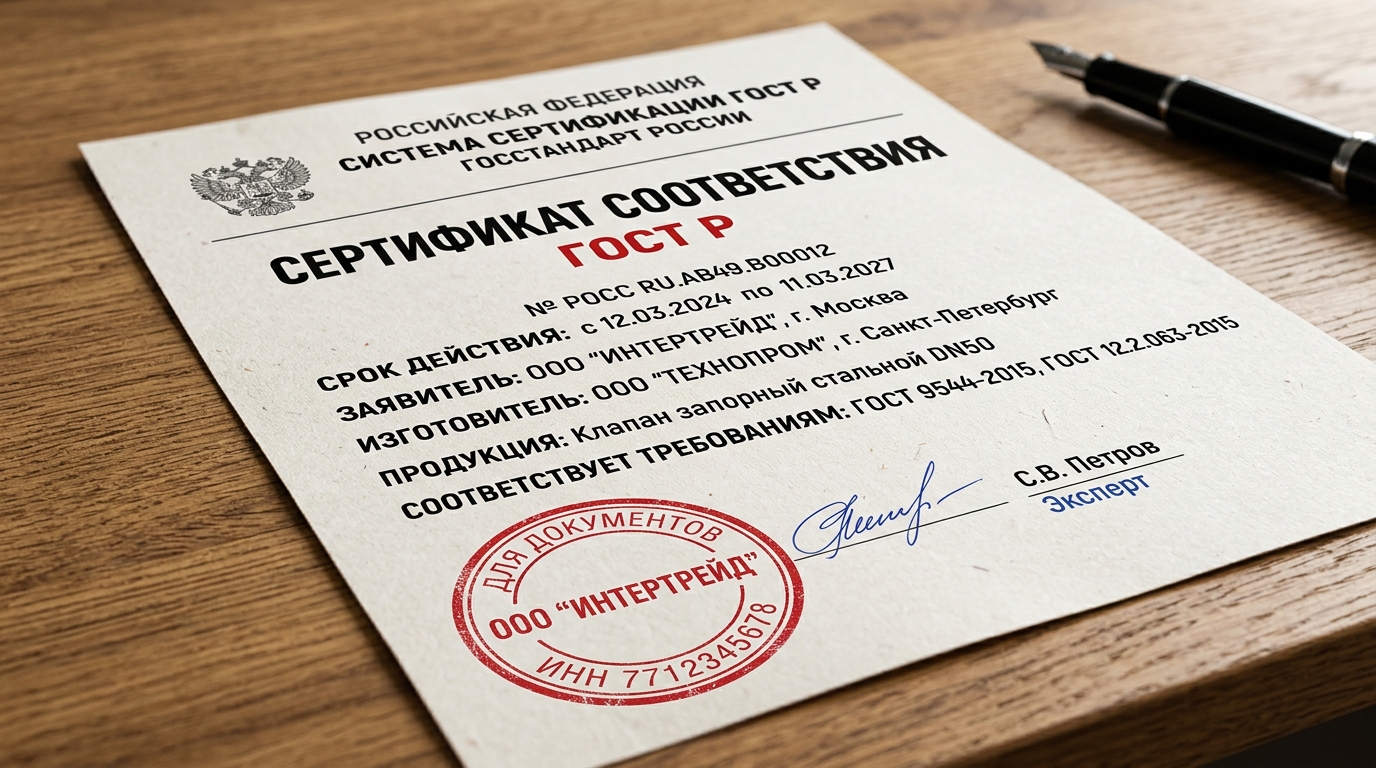 Сертификат соответствия ГОСТ Р с красной печатью на деревянном столе
