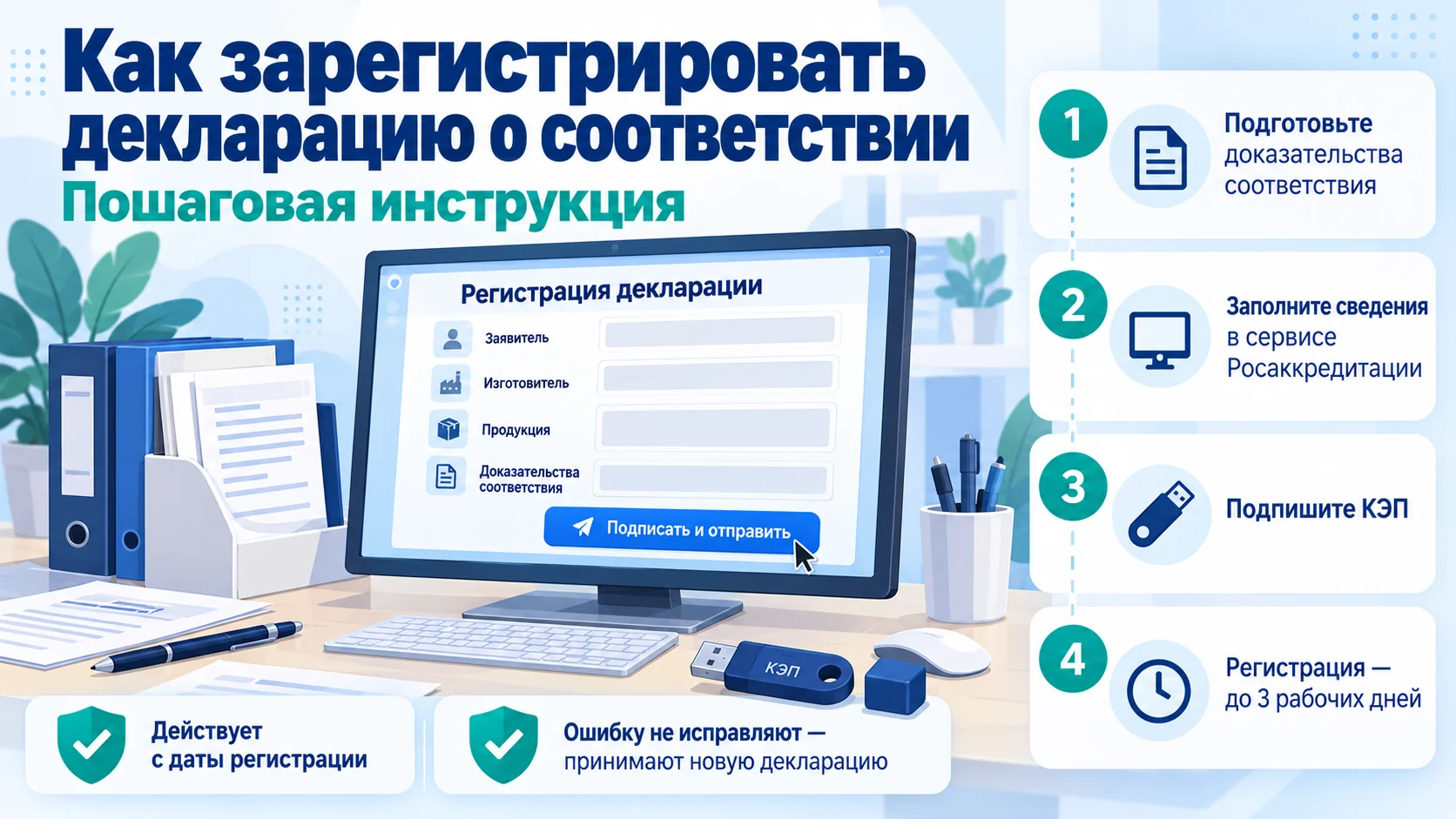 Инфографика: как зарегистрировать декларацию о соответствии в сервисе Росаккредитации — доказательства соответствия, сведения о заявителе и продукции, подпись КЭП, регистрация до 3 рабочих дней