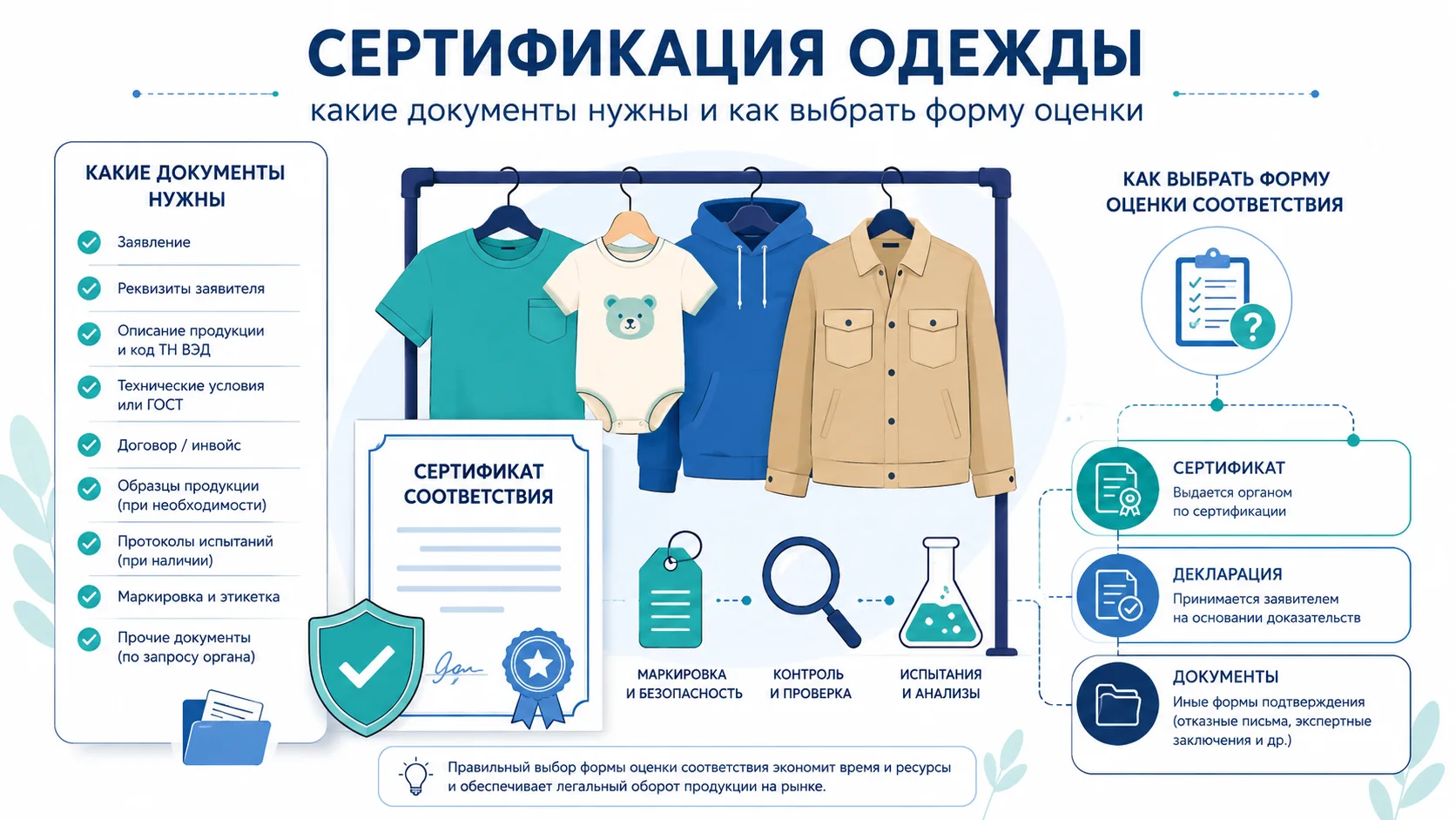 Инфографика о сертификации одежды: документы, образцы продукции, маркировка, испытания и выбор формы оценки соответствия